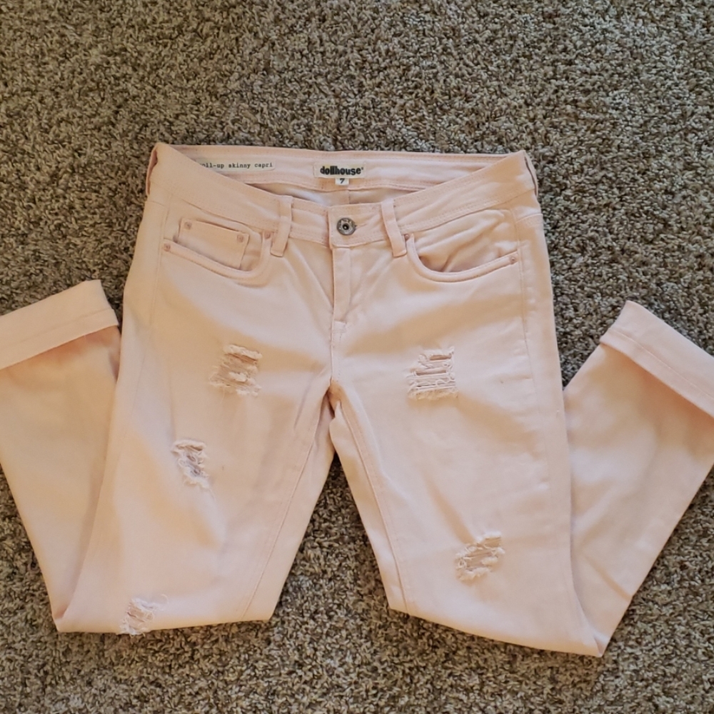 Dollhouse pink distressed roll up skinny jeans